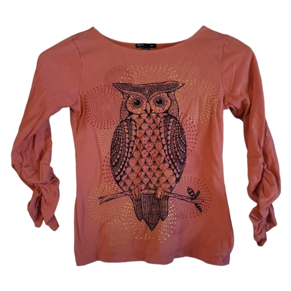 Gap Kid's Long Bunched Sleeves Pleats T-Shirt Owl Sparkles Sz 12 XL